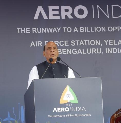 Raksha Mantri Shri Rajnath Singh during the inaugural day of Aero India 2021 in Bengaluru.