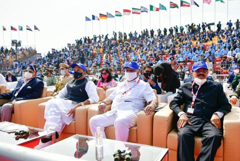 Raksha Mantri Shri Rajnath Singh along with spectators during the inauguration day of Aero India 2021 at Yelahanka Air Base in Bengaluru.