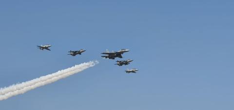 IAF fighter jets dominate the sky during their performance at Aero India 2021.